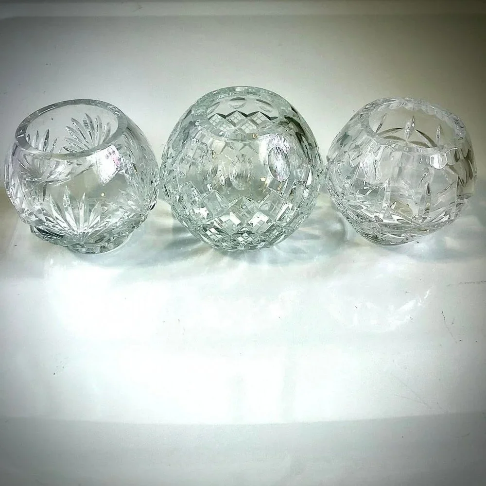 CRYSTAL CLEAR IND. Set of 3 Clear Cut Crystal Rose Bowls Votive Holders 3